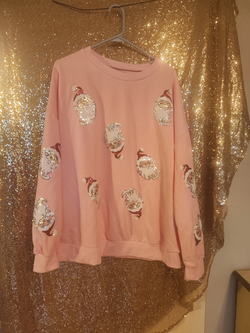 Women's Pink Sequin Santa Holiday Sweatshirt